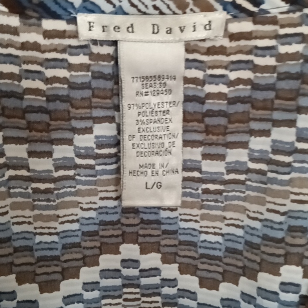 Fred David brown blue and tan embroidered front short sleeve blouse SzL
